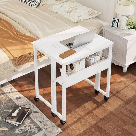 GreenForest Folding Desk with Wheels and Storage Shelf, 24.8 Inch Compact Portable Rolling Desk for Small Spaces, Mobile Foldable Computer Table, Easy Assembly, Pure White