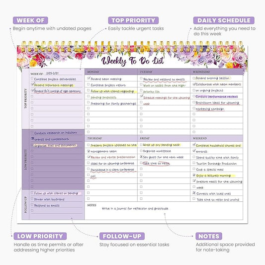 Weekly To Do List Notepad with 52 Undated Sheets(8.5"×11")- Undated Weekly Planner Notepad for Office Desk Accessories and Supplies - Lavender Charm