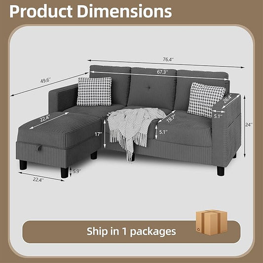JAMFLY Convertible Sectional Couches for Living Room, L-Shaped Couch 3 Seat Sectional Sofa Set with Corduroy Fabric and Movable Ottoman Small Couch for Apartments, Office(Dark Grey)