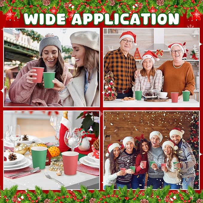 100 Pack Red Green Paper Cups, 9oz Christmas Party Cups Bulk Paper Cups, Disposable Drinking Cups for Birthday Holiday Christmas Party Supplies, 2 Colors