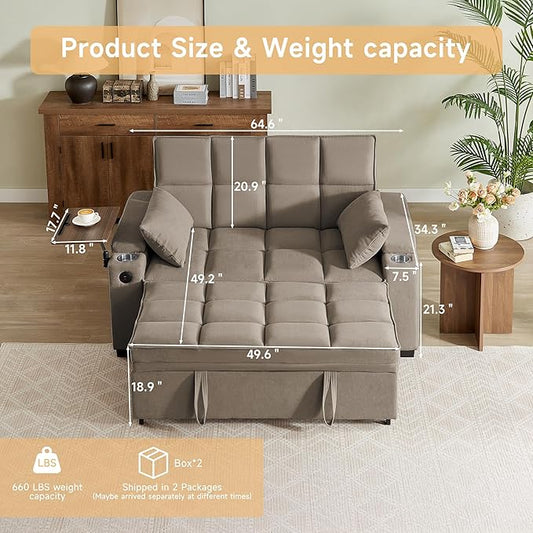 66" Multi-Functional Pull-Out Sofa Bed with Hidden Side Table, Storage Armrests, Built-in Charging Port, Spring Mattress, Solid Wood Frame – Ideal for Small Spaces, Easy Assembly