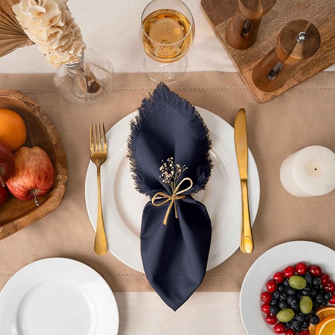 Blue Needles Handmade Cotton Linen Cloth Napkins with Fringes - Set of 6 Navy Blue Dinner Table Napkins 18x18 Inch Hemmed Edges Washable, Soft, Reusable, Perfect for Fall Thanksgiving & Family Dinner
