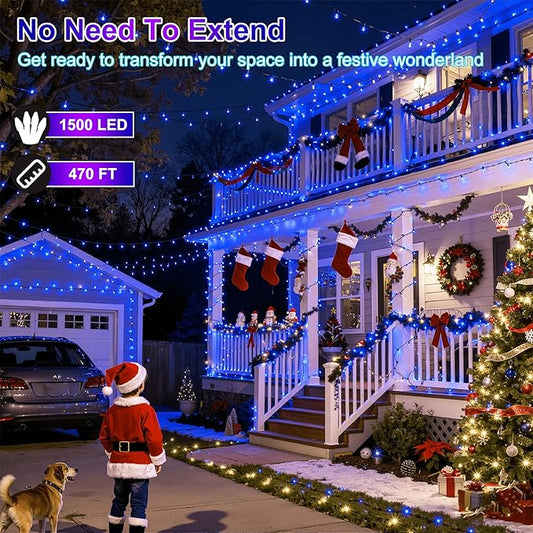 1500LED Christmas Lights Outdoor Use, 470ft 12 Modes Blue LED String Lights with Timer Dimmable, Waterproof Christmas Tree Lights for Xmas Patio Yard Fence Balcony Garden Party Decor Blue