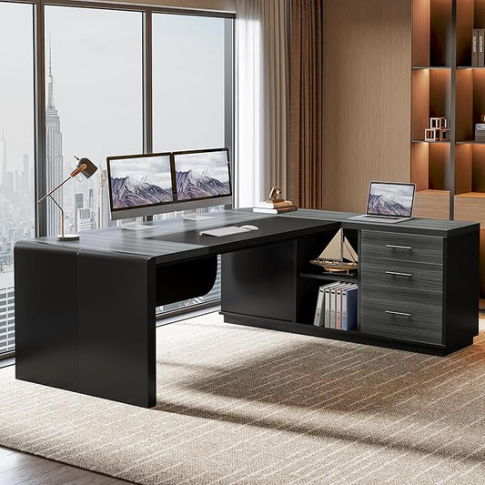 Tribesigns 80'' L-Shaped Desk Set of 6, Large Executive Office Desk with 55'' Drawers Cabinet, Modern Computer Table with Storage Shelves, Business Furniture for Office, Grey