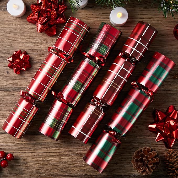 JOYIN 8 Pack Christmas Non-Snap Party Favor, Red Check Plaid Party Table Favor Includes Party Hat, Jokes & Gifts, Xmas Gifts Prizes for Christmas Holiday Dinner Traditions Supplies