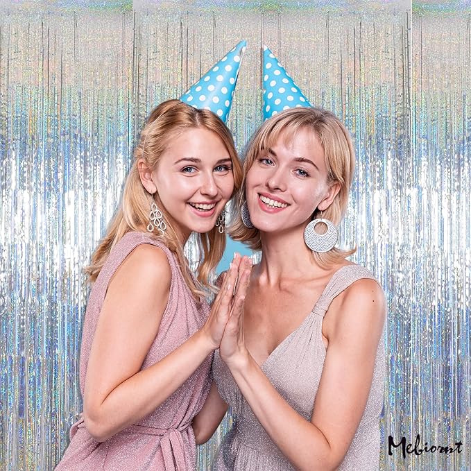 4 Pack Silver Fringe Curtain Backdrop, 3.2Ft x 8.2Ft Sparkle Metallic Tinsel Foil Fringe Streamers Background for Photo Booth Birthday Wedding Baby Shower Party Thanksgiving Christmas Decorations