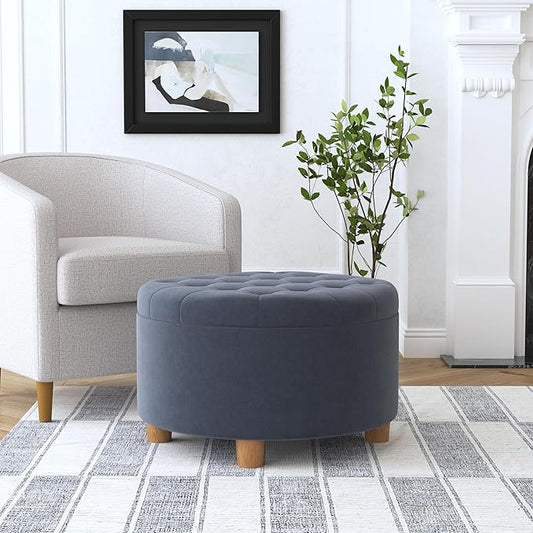 Homepop Home Decor | Button Tufted Velvet Round Storage Ottoman | Ottoman with Storage for Living Room & Bedroom, Steel Blue Velvet