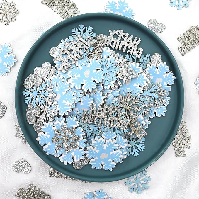 Blue Silver Snowflake Happy Birthday Confetti for Table – 200PC Glitter Heart Snowflakes Table Scatter for Winter Wonderland Birthday Decorations