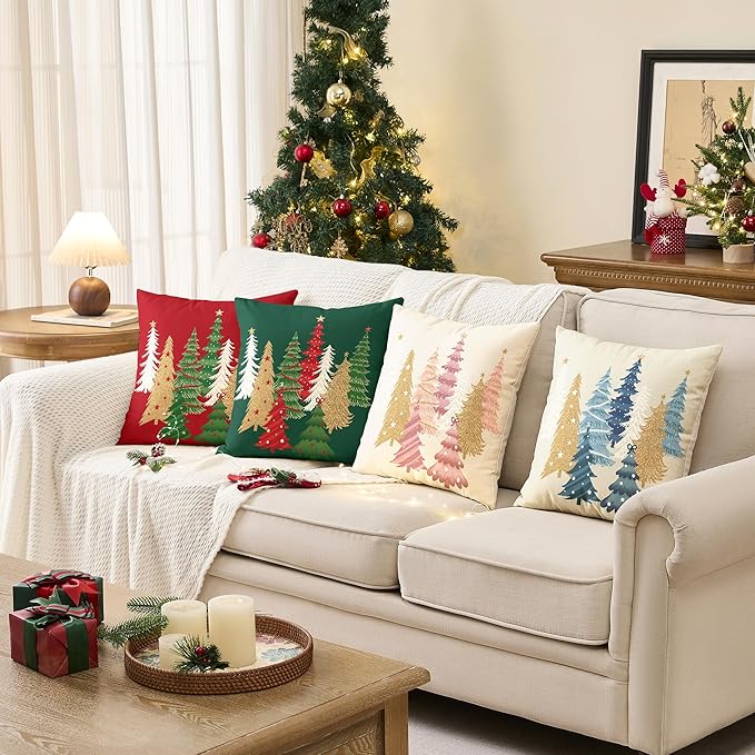 Christmas Pillow Covers 18x18 Inch Set of 2 Red Decorative Christmas Tree Throw Pillows Linen Winter Holiday Decor for Home Sofa Couch Bed Chair