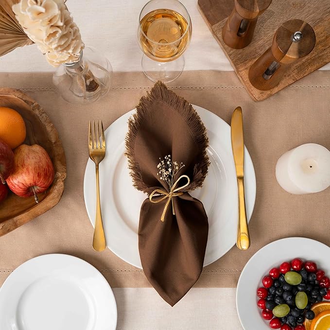 Blue Needles Handmade Cotton Linen Cloth Napkins with Fringes - Set of 6 Nut Brown Dinner Table Napkins 18x18 Inch Hemmed Edges Washable, Soft, Reusable, Perfect for Fall Thanksgiving & Family Dinner