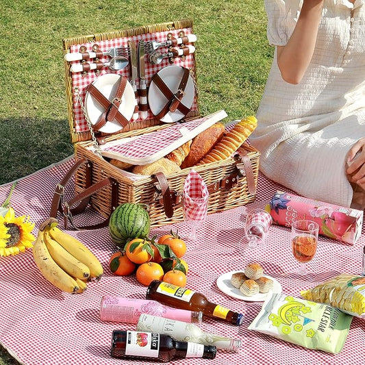 Picnic Basket for 4 Persons with Waterproof Picnic Blanket and Insulated Cooler, Large Wicker Picnic Basket for Camping, Outdoors, Valentine's Day, Christmas, Birthday, Wedding Gift