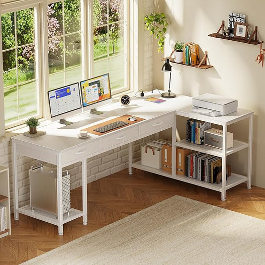 PRAISUN 63 Inch L Shaped Office Desk with Power Outlets and Type-C Port, Large Computer Gaming Desk with 3 Fabric Drawers, Mesh Shelves, Corner Study Work Writing Desk, White