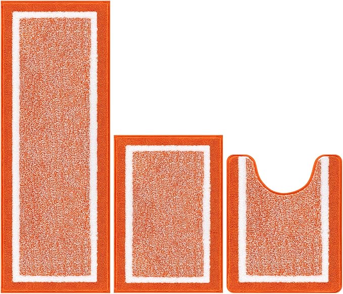 Pauwer Bathroom Rugs Sets 3 Piece Bathroom Shower Rugs with U-Shaped Contour Toilet Mat Absorbent Microfiber Plush Bath Mats Non Slip Bath Rugs Machine Washable Shaggy Bath Floor Mats, Orange