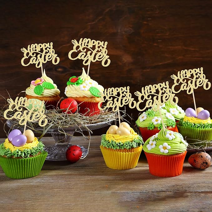24pcs Happy Easter Cupcake Toppers - Gold Glitter Bunny Ear Cupcake Picks - Day Theme Baby Shower Kids Birthday Party Cake Decorations