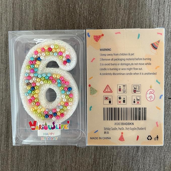 Birthday Candles, Pearl Sequin Number Candle Party Supplies (Number-6)