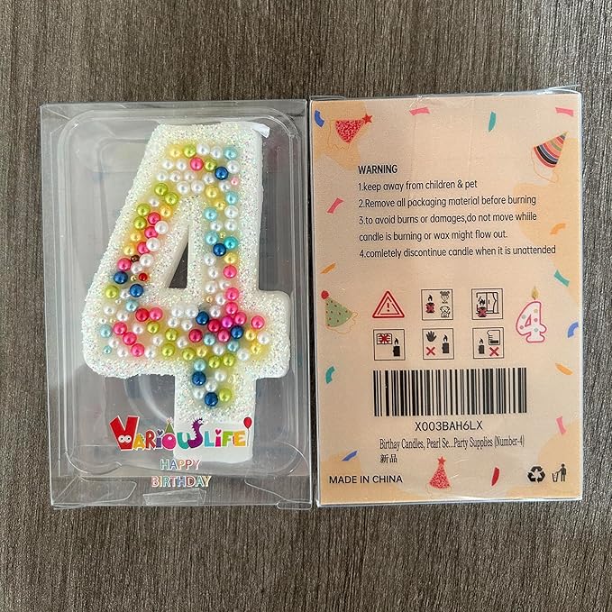Birthday Candles, Pearl Sequin Number Candle Party Supplies (Number-4)