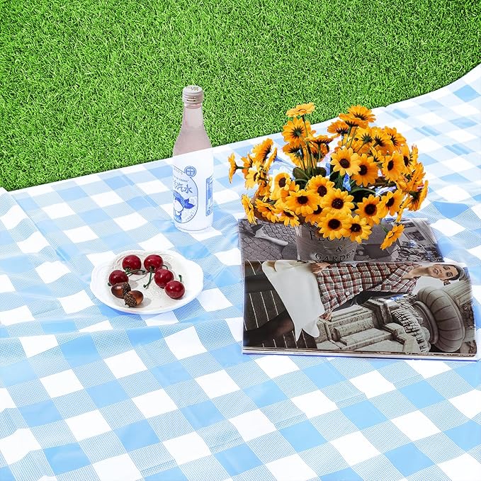 Kesfey 3 Packs Light Blue Gingham Tablecloth Pale Blue and White Checkered Tablecloths 54 x 108 Inches Disposable Plastic Gingham Tablecovers Waterproof Rectangle Picnic Table Cover for Birthday Party