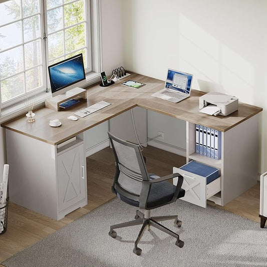 YITAHOME L Shaped Desk with Power Outlets, 60 Inch Computer Desk Corner Desk with File Drawer, Home Office Desk with Monitor Stand & Storage Shelves, L-Shaped Desk with File Cabinet, Grey Wash