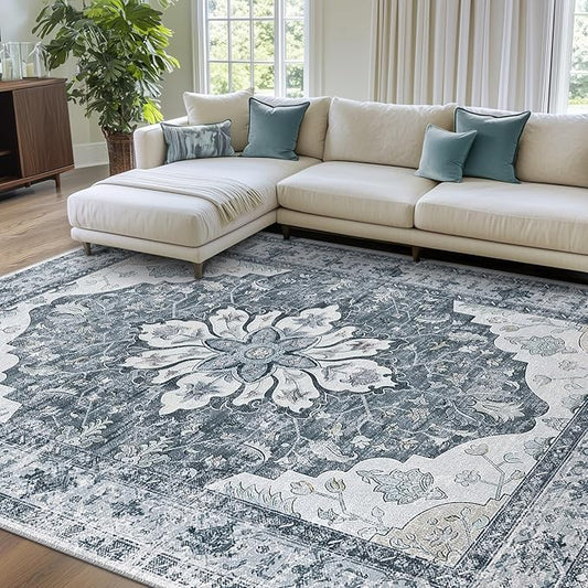 Area Rugs 6'x9' Washable Non-Slip, Floral Vintage Distress Print Pattern Medallion Carpet for Living Room Bedroom Dining Room, Light Gray Grey White