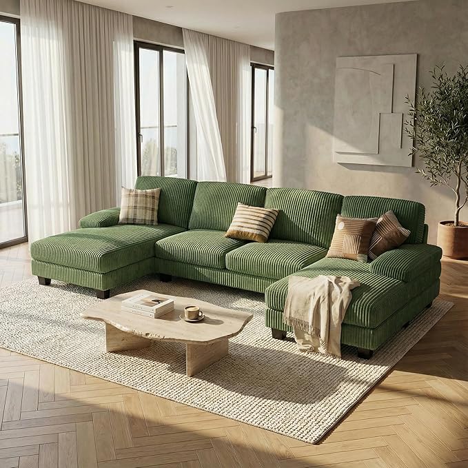 Homall Modular Sectional U Shaped Sofa Couches for Living Room, Comfy Corduroy 4 Seat Sofa Set with Removable Pillows, Lounge Chaise Upholstered Couch for Apartment (Corduroy, Dark Green)