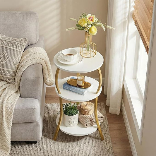 Vintage Small Round Side Table, 3-Tier Slim Waist Circular End Table with Storage Shelf, Compact Tea Sofa Table, Round Corner Coffee Table Nightstand for Living Room Bedroom Small Spaces,White+ Gold