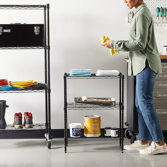 Amazon Basics 3-Shelf Adjustable Heavy Duty Steel Wire Rack Storage Shelving Organizer with Storage Space, Versatility and Ease of Use for Kitchen, Garage, 23.2" L x 13.4" W x 30" H, Black