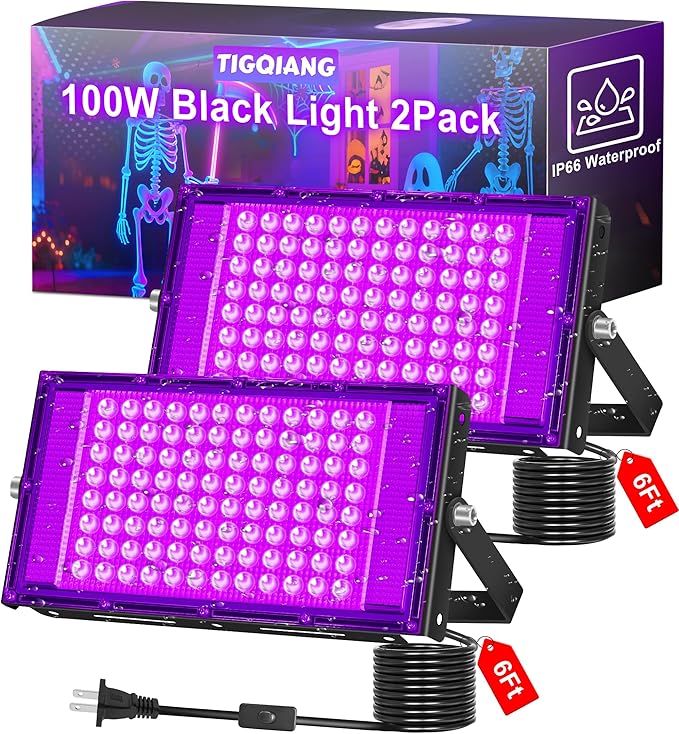 100W LED Black Light IP66 Waterproof, Outdoor Blacklight Flood Light with Plug+Switch+Cord, for Halloween Neon Glow in The Dark Party Body Paint Fluorescent Poster Classroom Club Dance Party, 2 Pack