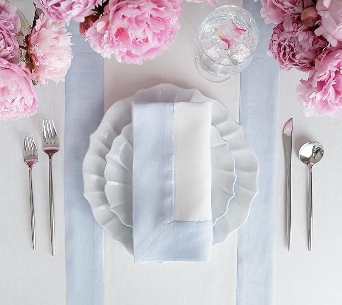 Solino Home Linen Table Runner 120 Inches Long - 100% Pure Linen Light Blue and White Dining Table Runner 14 x 120 Inch for Winter, Christmas, New Year - Contempo