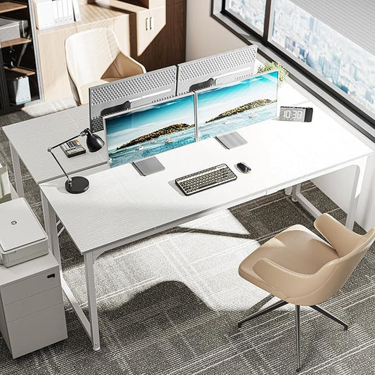 Huuger Computer Desk, 70 Inch Office Desk, Gaming Desk with Storage, Writing Desk Work Desk for Home Office, Study, Long Simple Desk, Large Legroom, Metal Frame, White