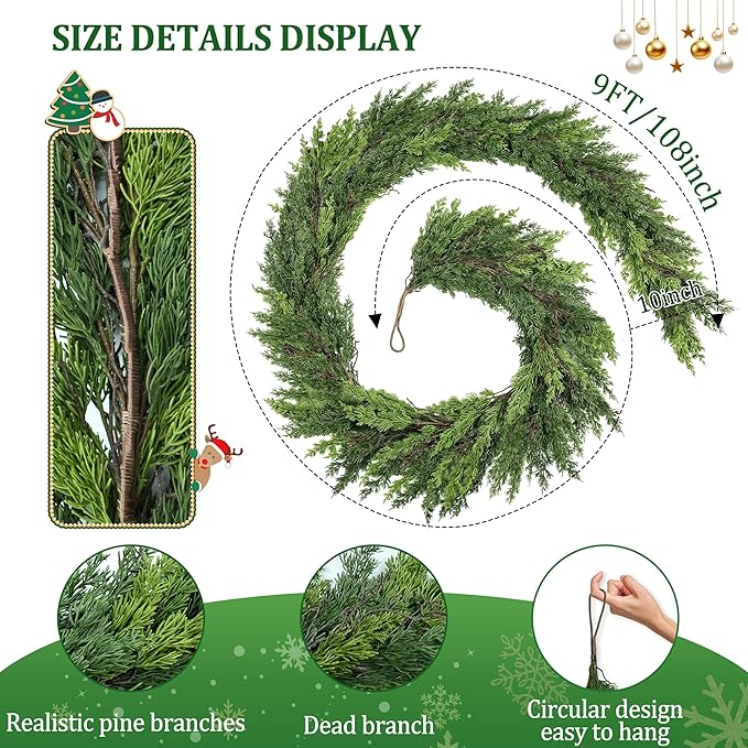 9 FT Christmas Cedar Garland, Thick Green Cypress Garlands, Real Touch Pine Garlands, Realistic Garland Christmas Decorations for Outdoor Indoor Table Mantel Railing Stair Porch Decor