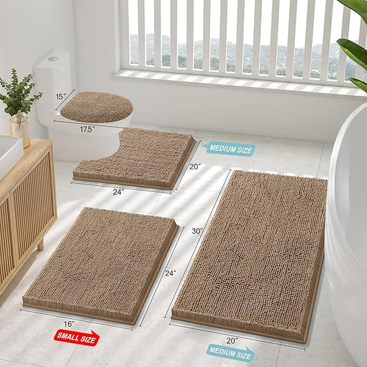 Smiry Luxury Chenille Bathroom Rugs 34x21, Extra Soft and Absorbent Shaggy Bath Mat, Machine Washable, Non-Slip Plush Carpet Runner for Tub, Shower, and Floor, Home Decor Accessories, Camel