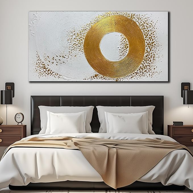 Minimalist Wall Art for Living Room White and Gold Abstract Oil Painting Wall Decor for Office Huge Wall Art for Hotel Size 40 x 80 Inch