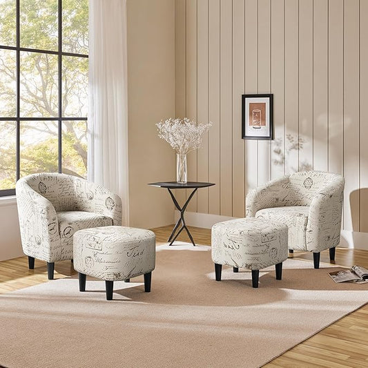 Yaheetech Accent Chair with Foot Rest, Mid Century Modern Upholstered Soft Barrel Chair, Comfy Fabric Armchair and Footrest Set for Living Room/Bedroom/Reading Room, Set of 2 Letter Print