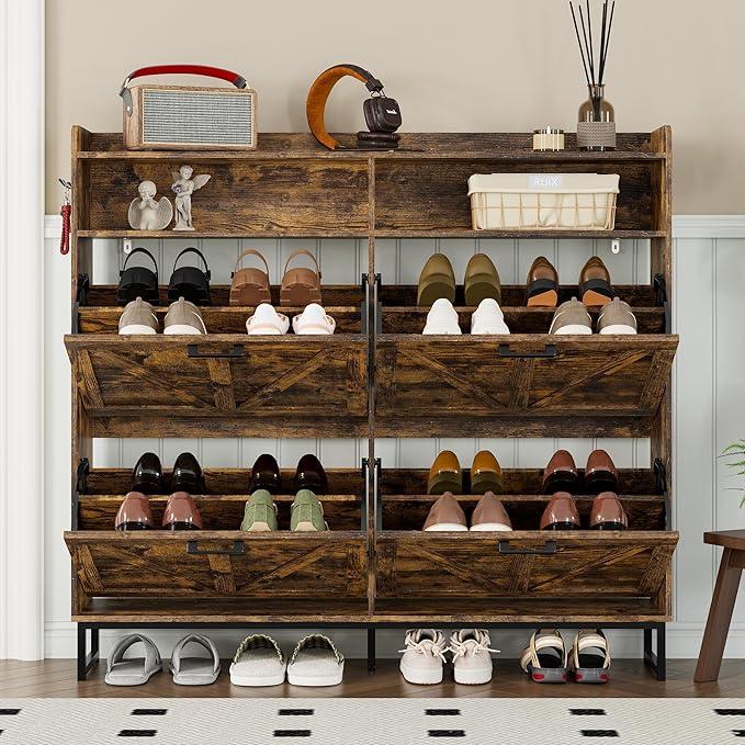 Shoe Cabinet with 4 Flip Drawers Narrow Shoe Storage Cabinet Organizer Wooden Freestanding Shoe Rack Hidden Slim Shoes Storage Cabinet for Entryway, Hallway, Living Room, Bedroom