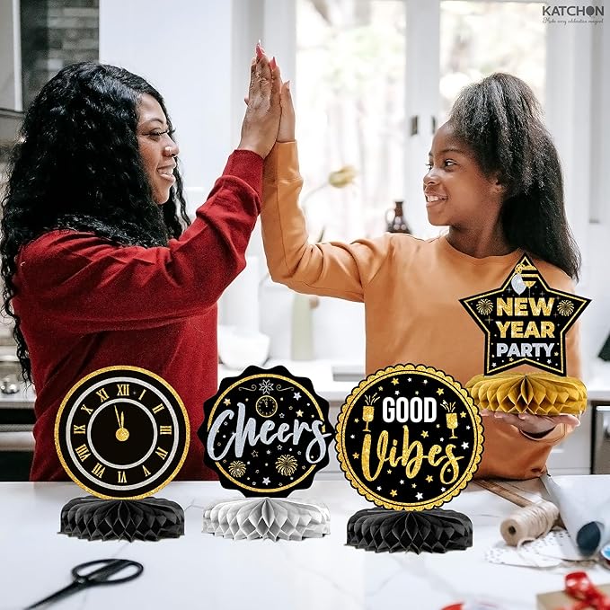 KatchOn, New Years Centerpieces For Tables - Pack of 9 | New Years Eve Party Supplies 2026 | Black and Gold Honeycomb for New Year Decorations 2026 | New Year Eve Party Decorations