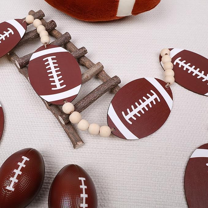 Wood Football Garland Banner Decorations,Football Wood Bead Banner Party Decor,for Wall Fireplace Mantle Home Office Spring Favors Sports Theme Birthday Tailgate Party Game Day Supplies