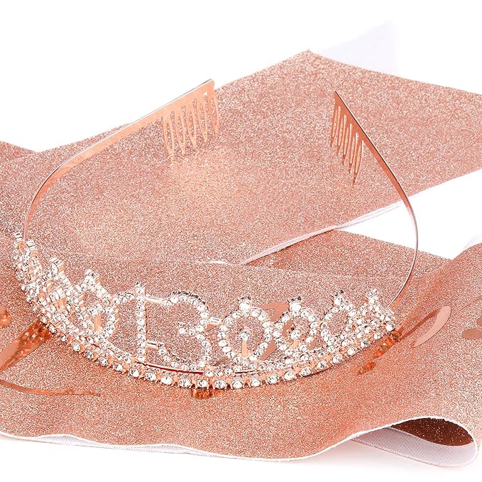 CIEHER 13th Birthday Crown & Sash Set, Rose Gold Tiara, Teen Gifts
