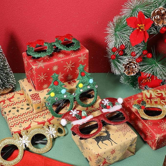 Hiboom 100 Piece Bulk Santa Hat Glasses Costume Set Christmas Santa Hats Xmas Tree Elk Glasses Funny Glitter Frames Eyewear for Christmas Holiday Party Gift Photo Booth Props Decorations