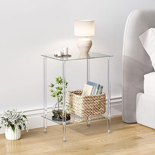 Tempered Glass Side Tables Set of 2 Acrylic End Table with 2 Storage Shelve transparent Bedside simplicity clear 2-Tier Nightstands small Spaces Office Bedroom Living Room Study Transparent ET-008TR