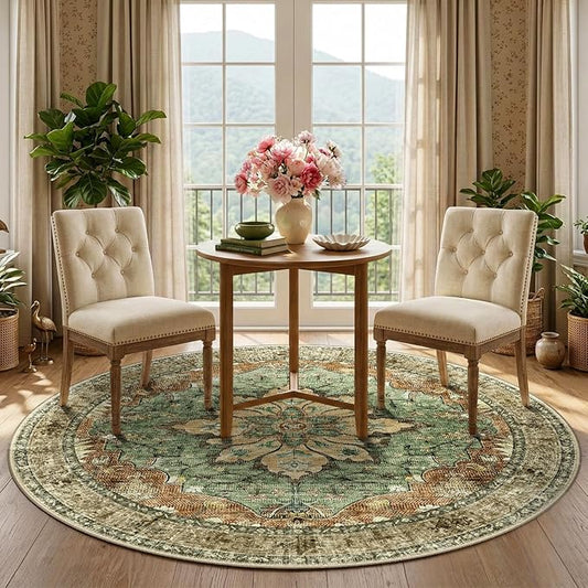Area Rugs 5ft Washable Non-Slip, Floral Vintage Distress Print Pattern Medallion Carpet for Living Room Bedroom Dining Room, Brick Red Rust Neutral Brown Burnt Orange