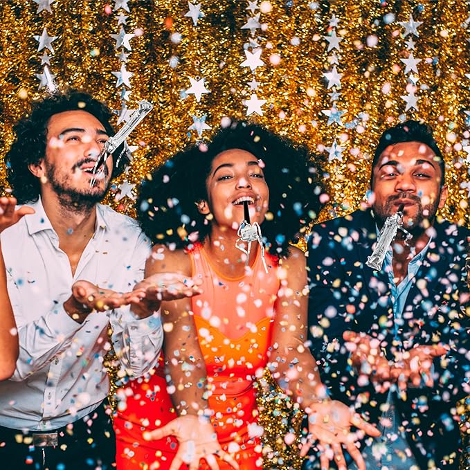 100Pcs New Years Noise Makers, Silver Happy New Year Party Favors, Party Blowers Metallic Fringed Horns Noise Makers New Years Eve Party Supplies for Women Men Birthday Wedding