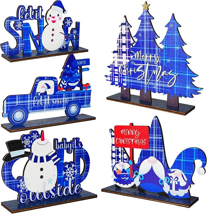 NEROSUN 5 PCS Christmas Table Centerpiece Decorations, Wooden Xmas Snowman Santa Claus Gnome Table Decorations Signs, Merry Christmas Table Toppers for Holiday Home Party Indoor Decor (Blue)