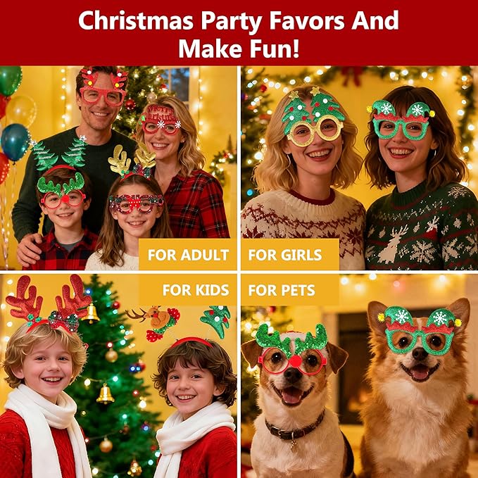 fiintrwa Christmas Headband Beads Necklace Hair Hoop Eyewear Eyeglass Santa Hat Photo Props for Xmas Party Decoration Supplie
