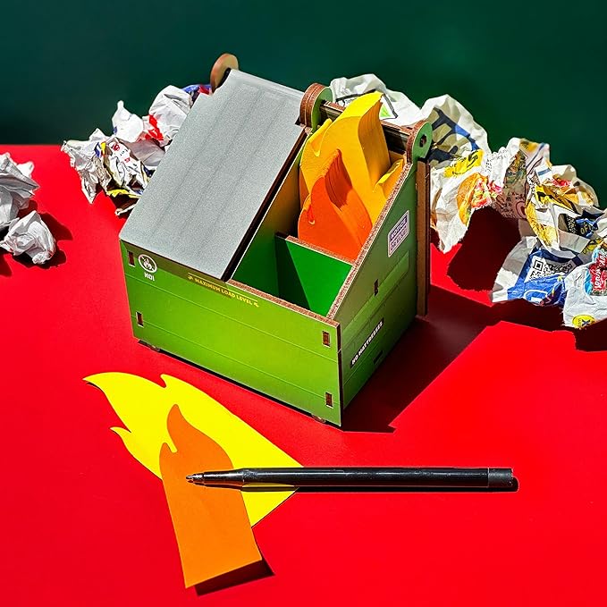 Genuine Fred Desk Dumpster Pencil Holder with 100+ Flame Note Cards, Funny 3-Compartment Organizer for Office Supplies, Desk Caddy for Work or Home