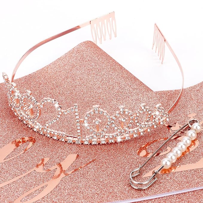 CIEHER Rose Gold 21st Birthday Sash, Tiara and Decorations - Elegant 21 Year Old Birthday Gift Set