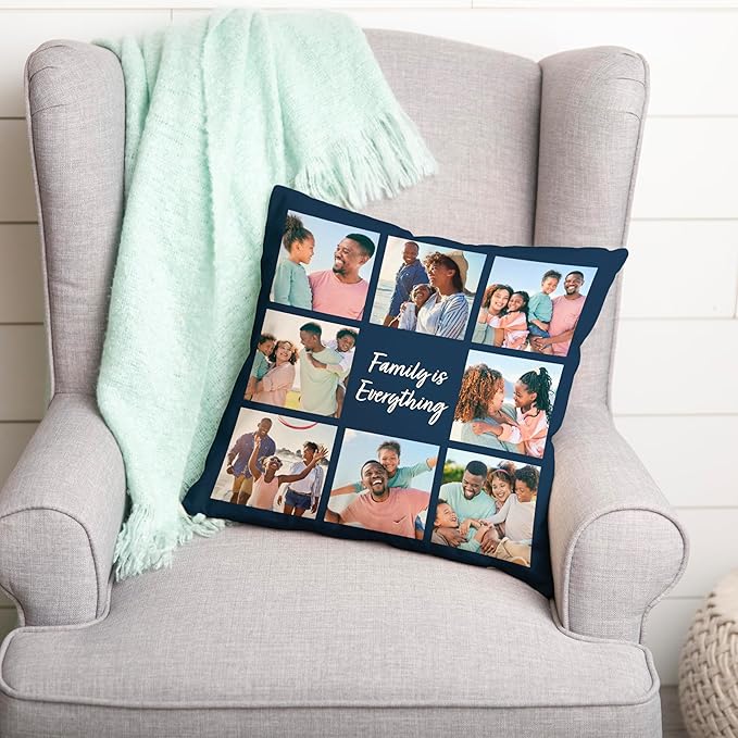 Custom 8 Photo Pillow Cover 16x16 Inch – Personalized Collage Picture Pillow with Optional Text, Custom Throw Pillowcase with Eight Photos, Optional Colors, Photo Gift for Family, Friends, Couples