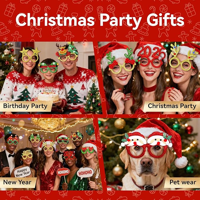 16Pcs Christmas Glasses Glitter Holiday Party, Cute Christmas Glasses Frames, Christmas Eyeglasses Party Decorations for Christmas Party Favors Holiday Favors (One Size Fits All)