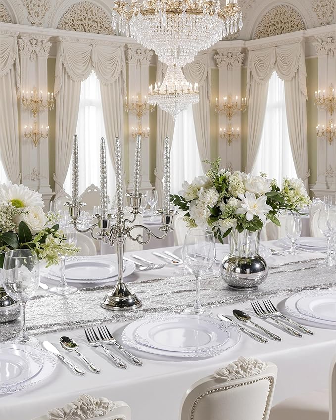 Nervure 150PCS Silver Plastic Silverware - Heavy Duty Disposable Cutlery Set, Luxury Silver Plastic Utensils include 50Pcs Forks, 50Pcs Spoons, 50pcs Knives Perfect for Wedding, Party, Daily Use