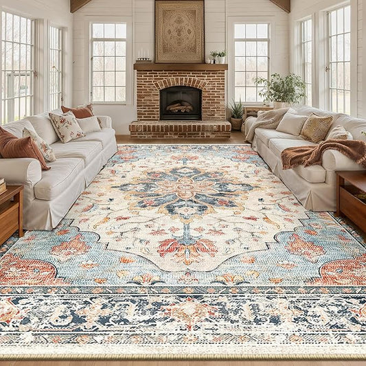 Area Rugs 10'x14' Washable Non-Slip, Floral Vintage Distress Print Pattern Medallion Carpet for Living Room Bedroom Dining Room, Beige Navy Blue Orange Colorful