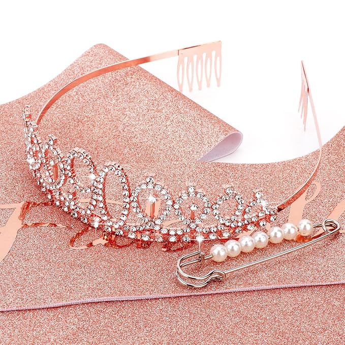 CIEHER 90th Birthday Crown, Sash & Pearl Pin Set - Elegant Decorations & Gifts for Her 90th Fabulous Birthday